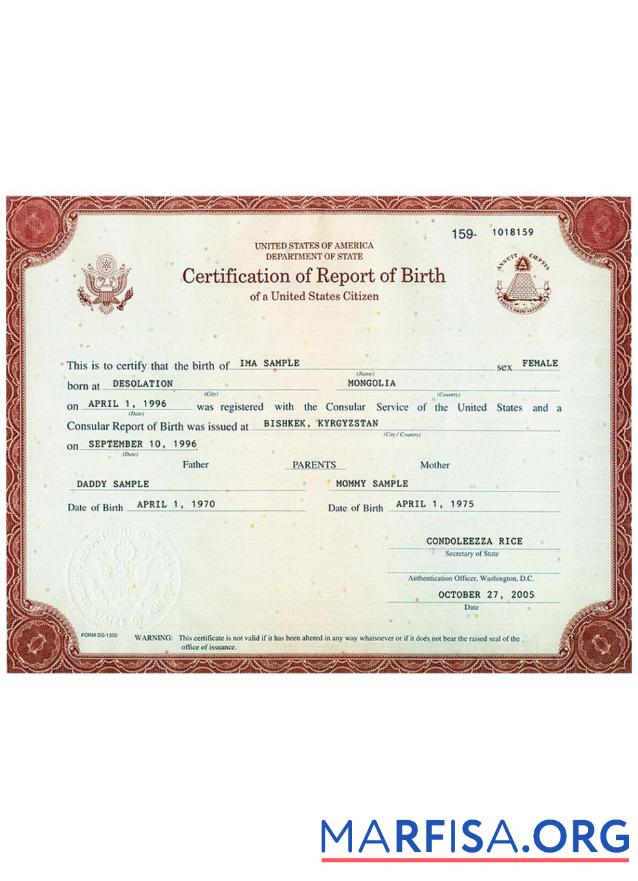 Blank USA certification of report of birth template